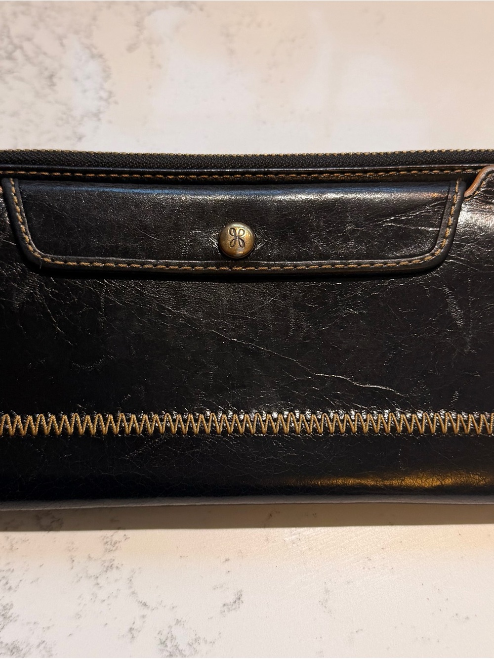 Black Leather Hobo Women's Wallet with Contrast Stitching
